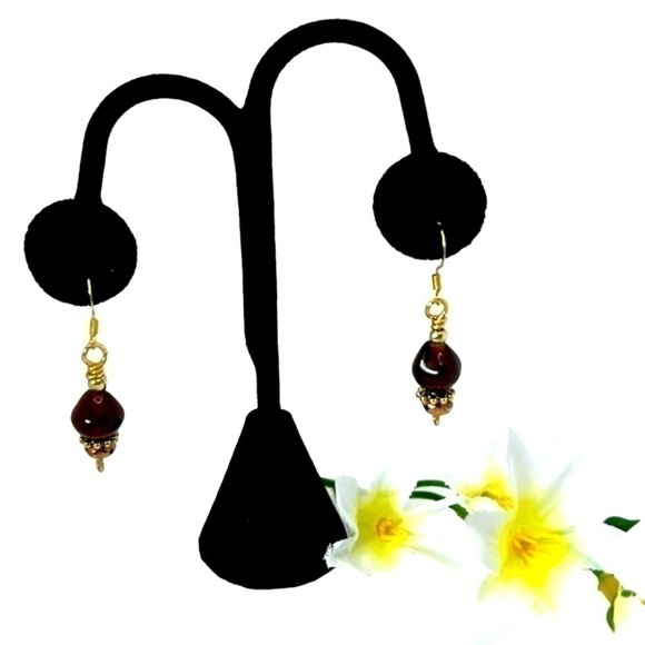 Handmade Brown/Amber Glass/Metal Dangle Earrings - Picture 1 of 4
